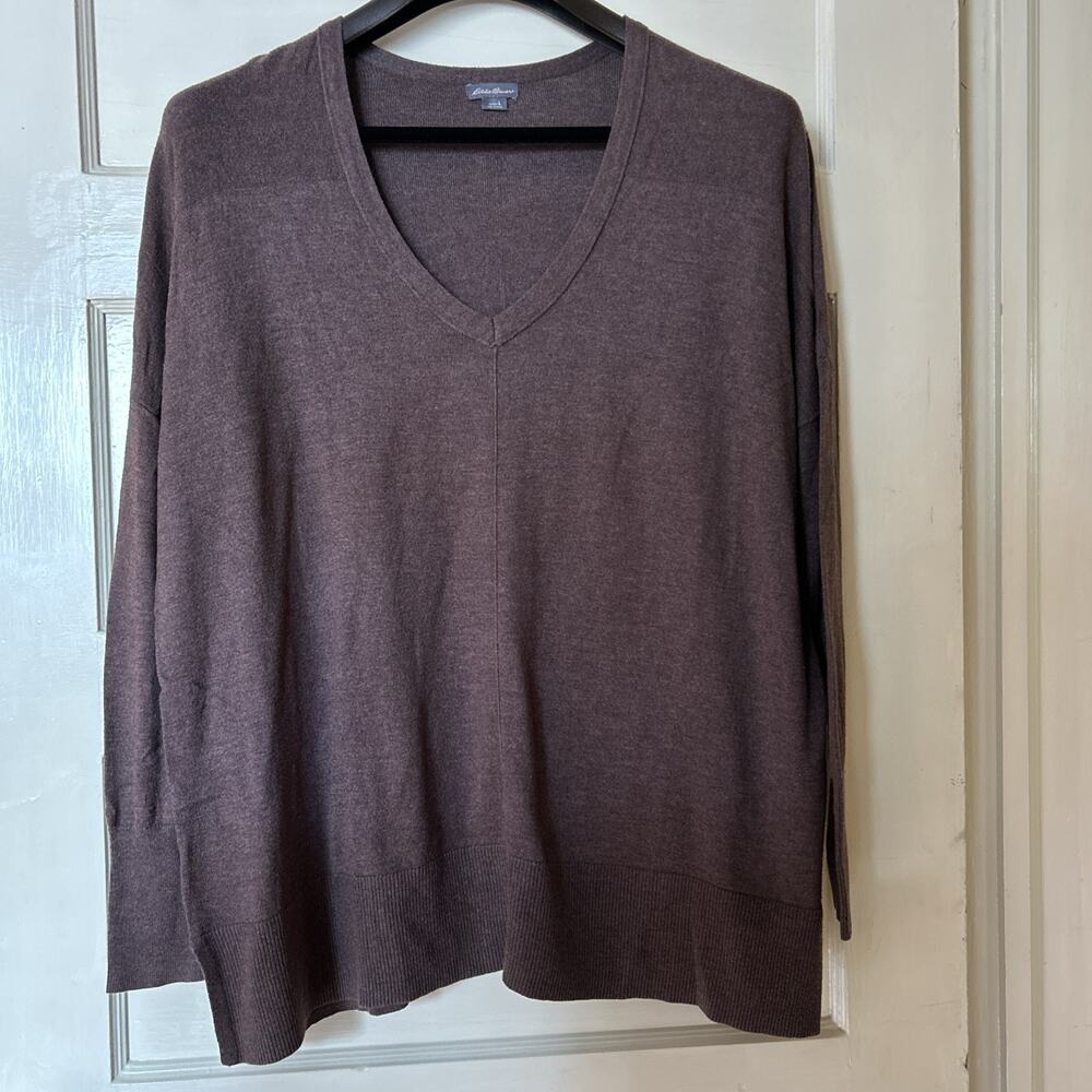 Eddie Bauer V-Neck Tunic Sweater - Women’s Sz L - Brown Side Slits Lightweight